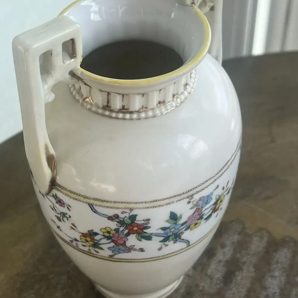 Antique Nippon Hand Painted Porcelain Vase Floral Gold Moriage Handles